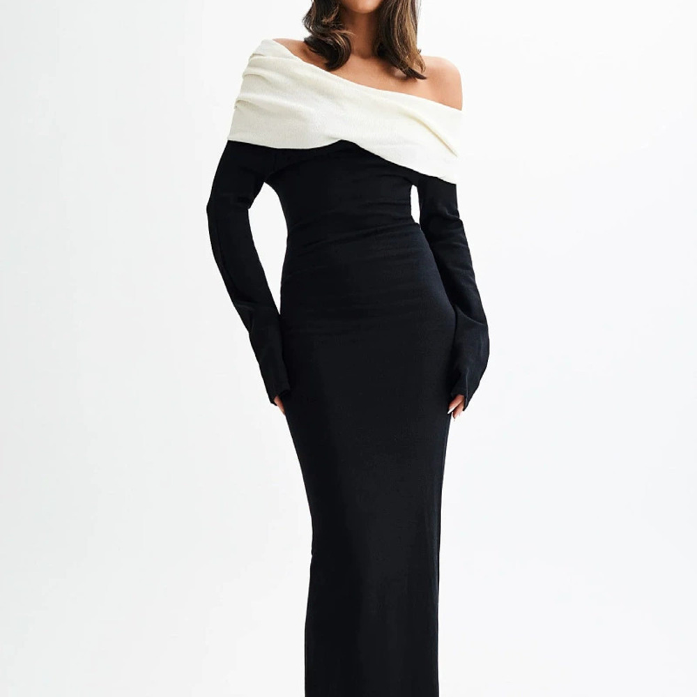 Zara Spring Knitted Off Shoulder Color Block Long Sleeve Dress
